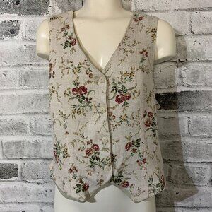 Vintage 90s Cottagecore Linen Vest Medium Floral Button Front Back Tie Boho